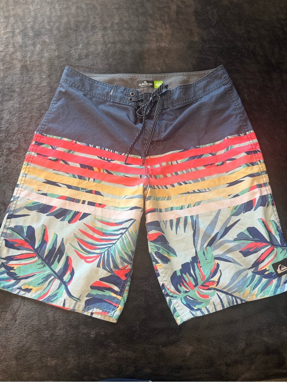 Quiksilver Navy Swim board Shorts with Coral and Multicolor Tropical Print
